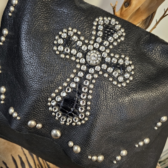 Leatherock USA Emb. Crystal Cross Blk. Studded Handbag Vintage EUC - Picture 7 of 8